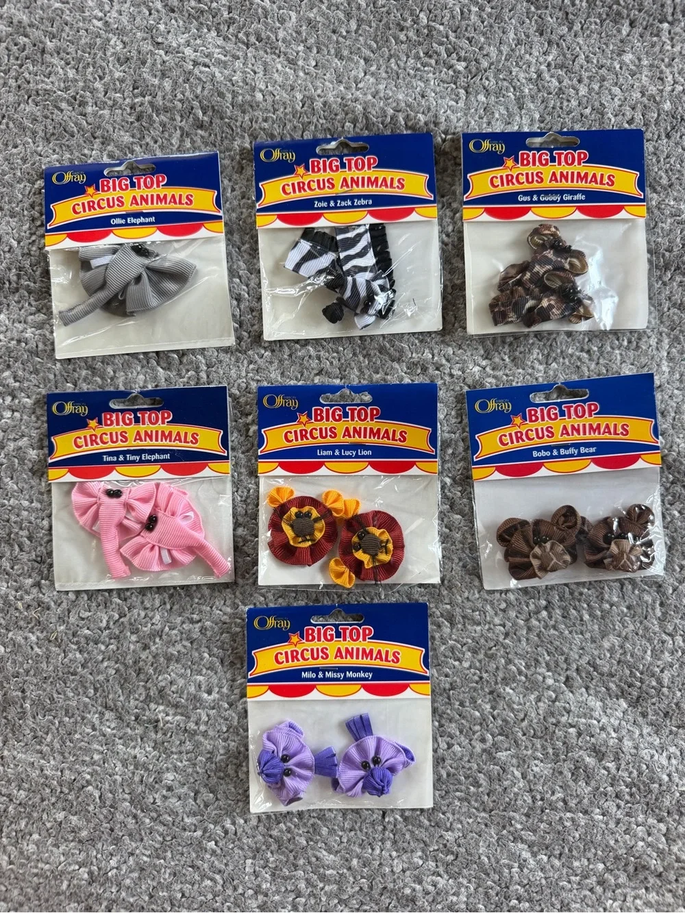 Lot of 7 Vintage Offray Big Top Circus Animals Ribbon Accessories - New